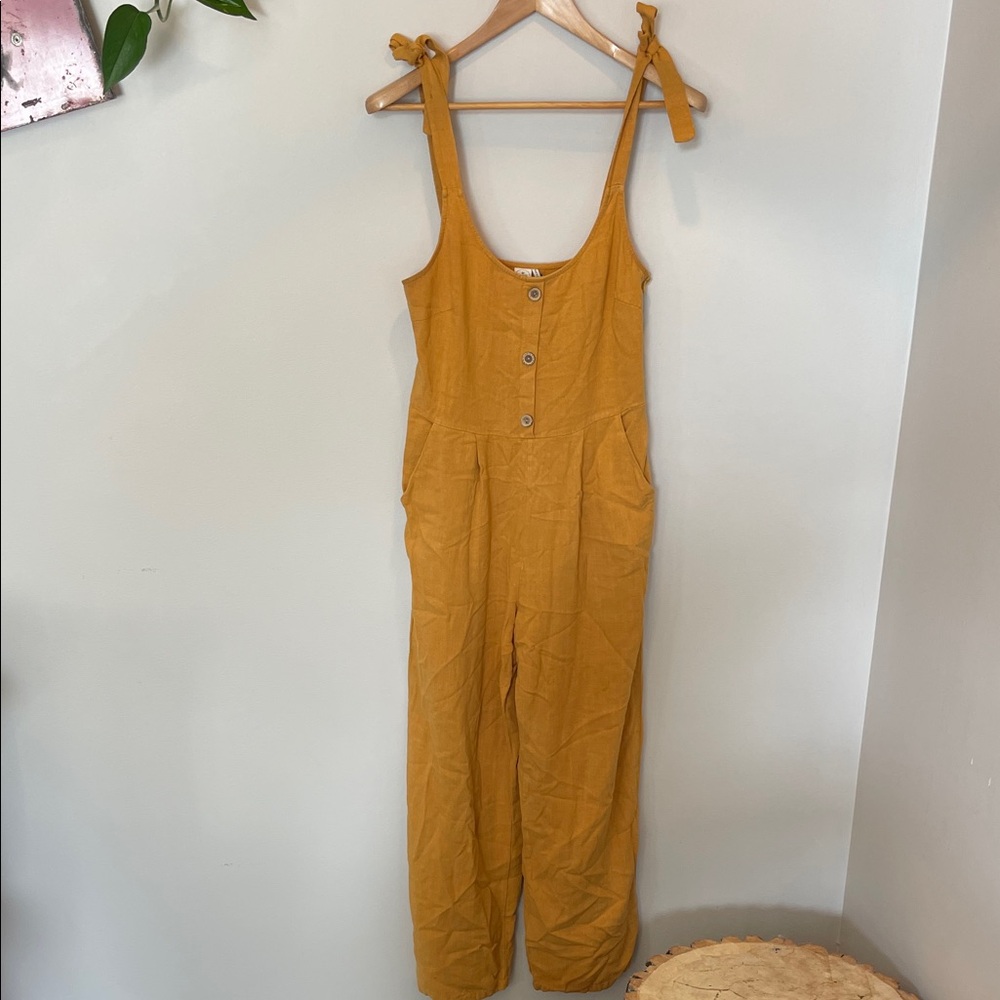 Paper Crane Mustard Tie-Shoulder Button-Front Jumpsuit
